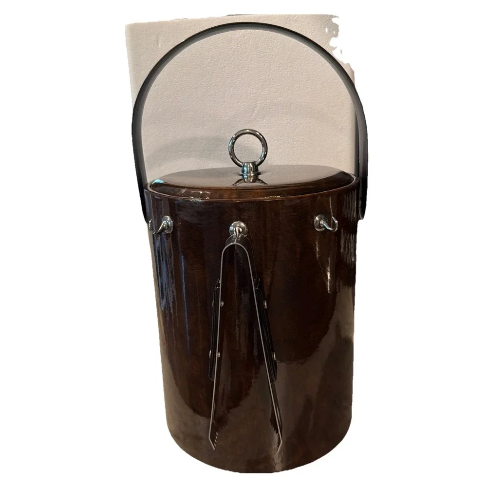 VTG Georges Briard Brown Faux Padded Tortoise Shell Ice‎ Bucket With Tongs